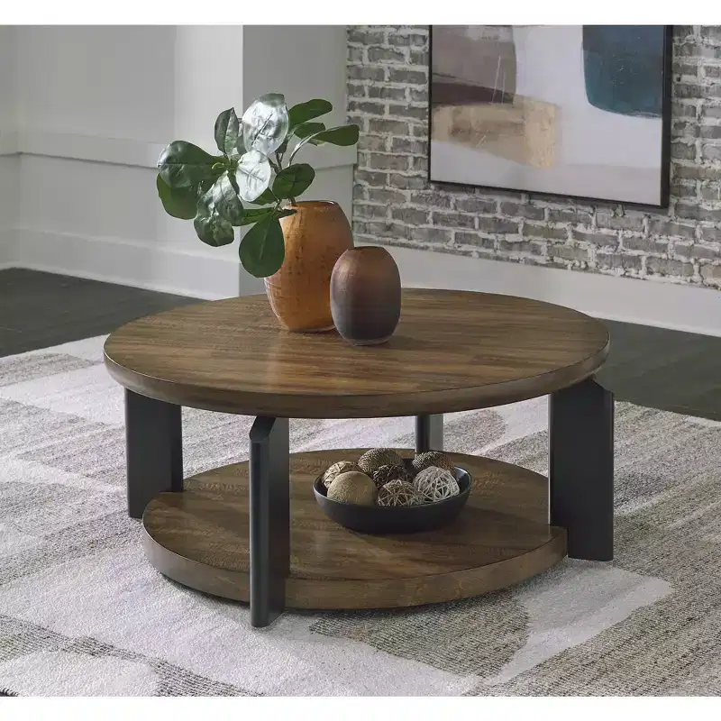 Kraeburn Two-Tone Round Coffee Table with Casters, Brown