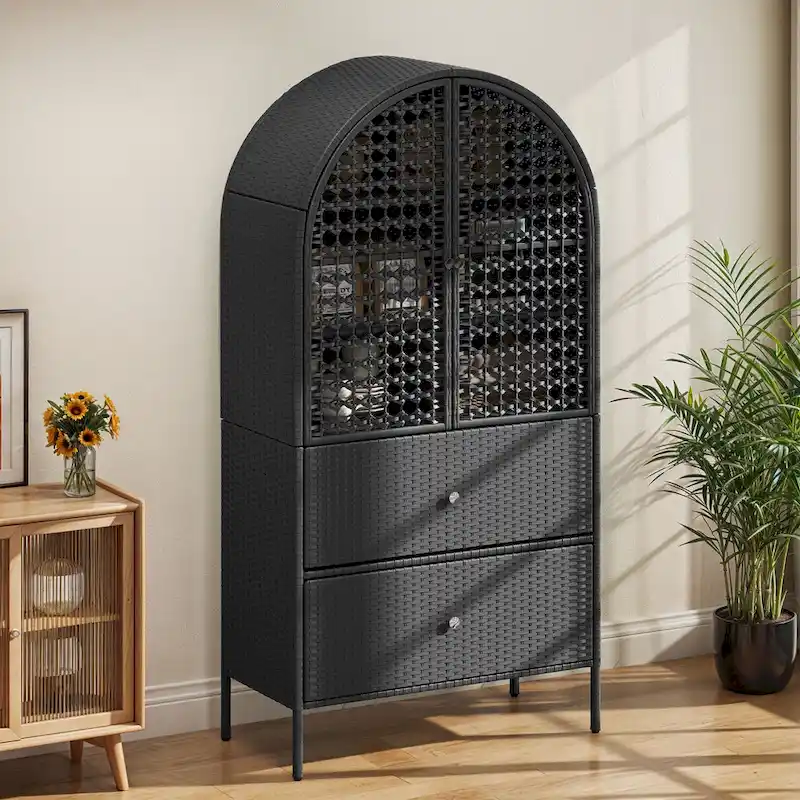 Moasis 65 Tall Arched Wicker Kitchen Pantry Cabinet,Farmhouse Cupboard with 3 Shelves & 2 Drawers