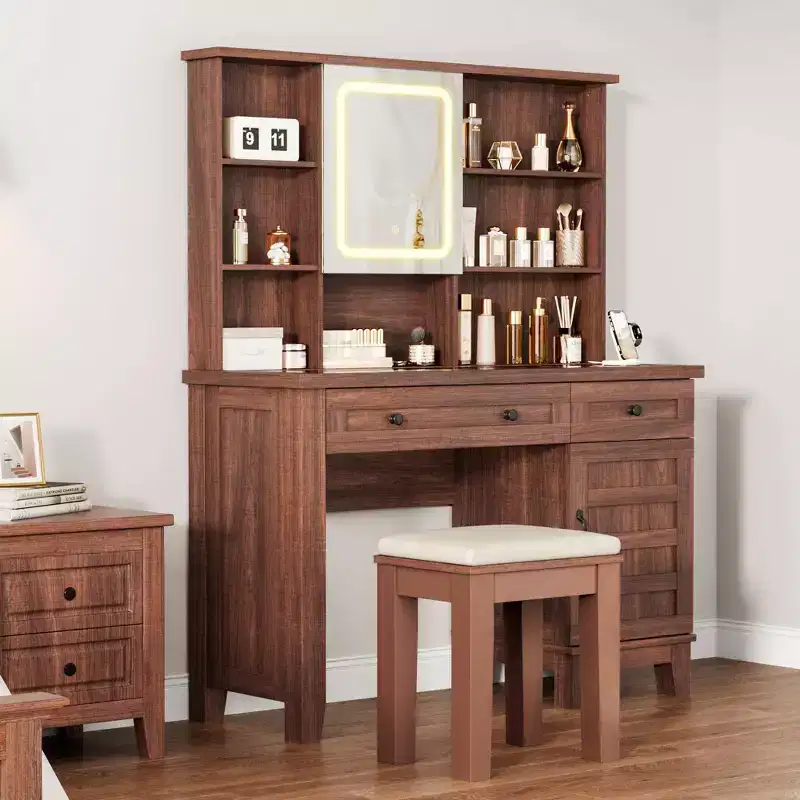 Makeup Vanity Desk with Mirror , 42 in Glass Top White Vanity Table , Upholstered Stool, Drawers, Cabinet & Open