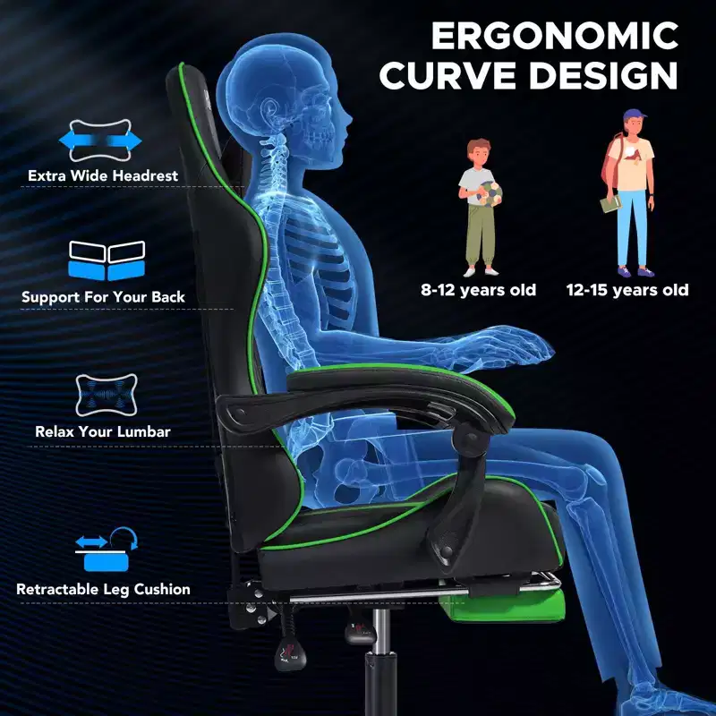 Hoffree Kids Massage Gaming Chair Ergonomic Office PC Chair with Footrest & Adjustable