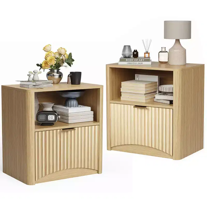 Fluted Design | 23 Inch Oak Bedside Table  Waterproof Wooden Modern Bedside Table with Drawer & Storage  Bedroom Furniture  Light Oak Color 2pcs