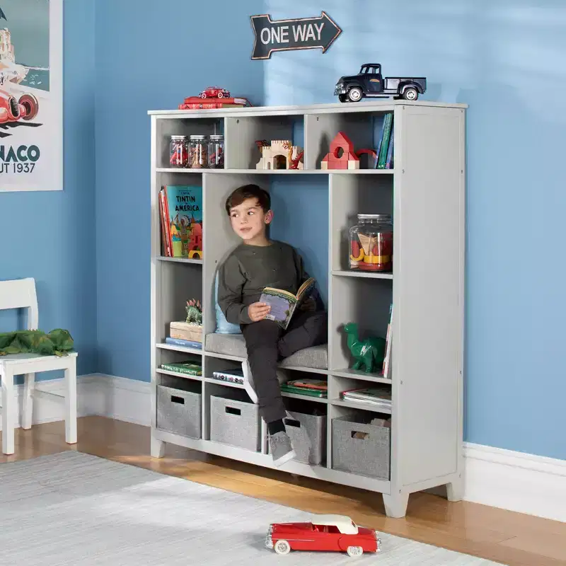 Kids' Storage Shelf Wooden Bookshelf and Toy Organizer with Reading Bench and Fabric Bins
