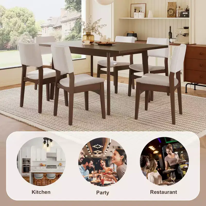 GDFStudio Dalton 7-Piece Modern Dining Set - Rectangular Solid Wood Table & Upholstered Linen Chairs