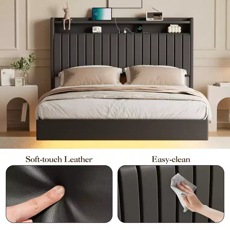 Queen/Full Size Floating Bed Frame with LED Lights Charging Station, Upholstered Leather Platform Bed Frame with Headboard,Black,White