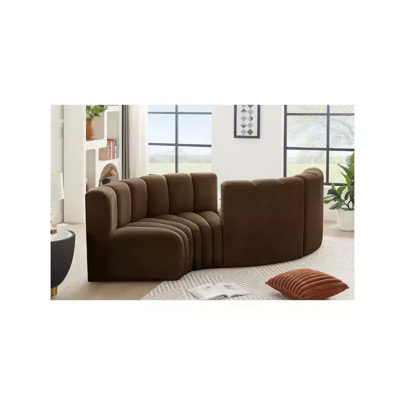 Arc Velvet Modular Sofa – Curved Brown Upholstered Couch with Deep Channel Tufting, Contemporary Design