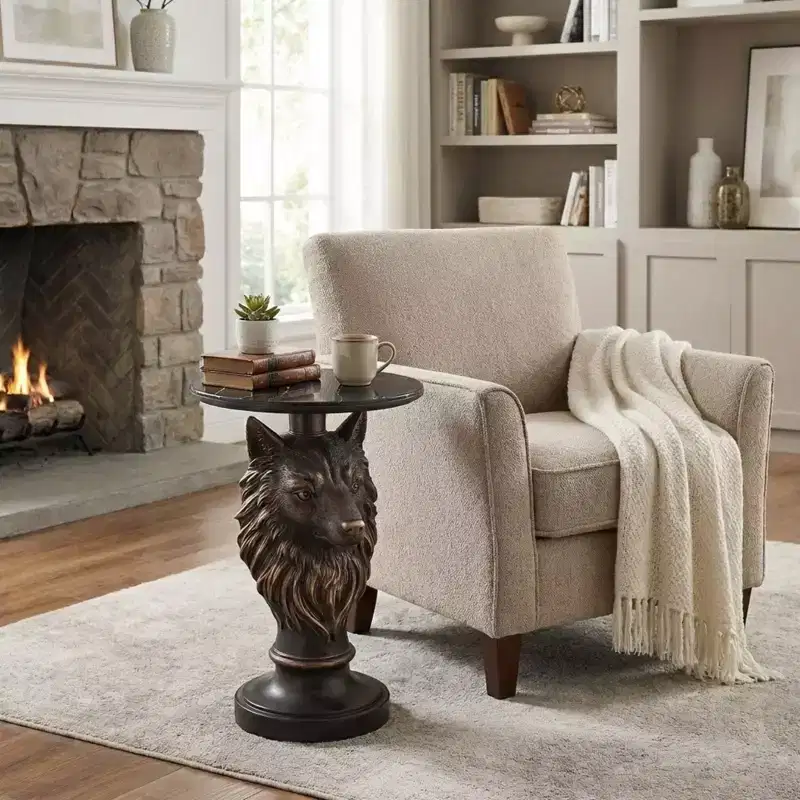 Wolf Head Accent Table, Animal Statue End Table for Living Room Home Decor