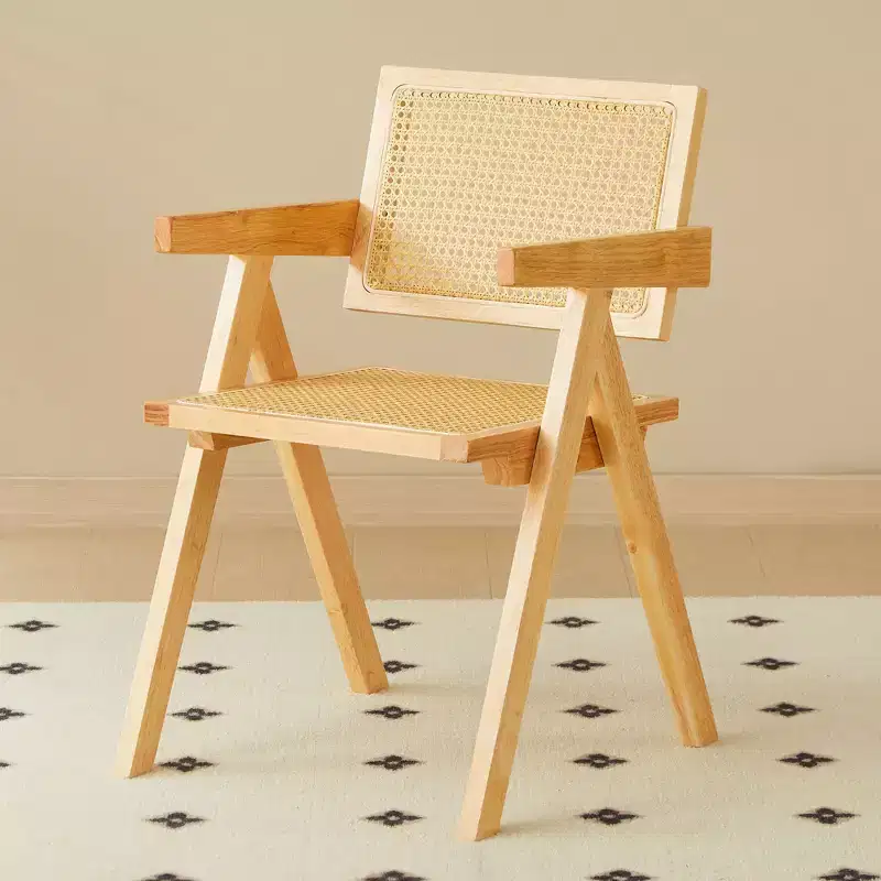 Okak Solid Wood Dining Chairs Set of 2, Dining Room Chairs with Rattan Back & Armrest, Simple Kitchen Side Chairs for Table Living Room