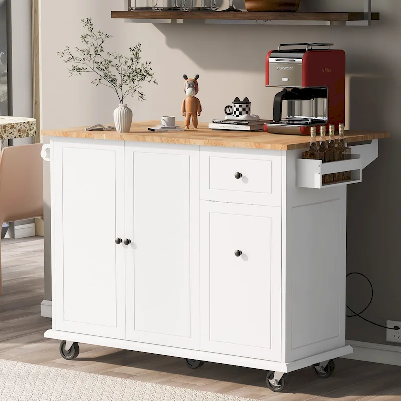 53.9 Width Rolling Kitchen Island with Drop Leaf and 3 Tier Pull Out Cabinet
