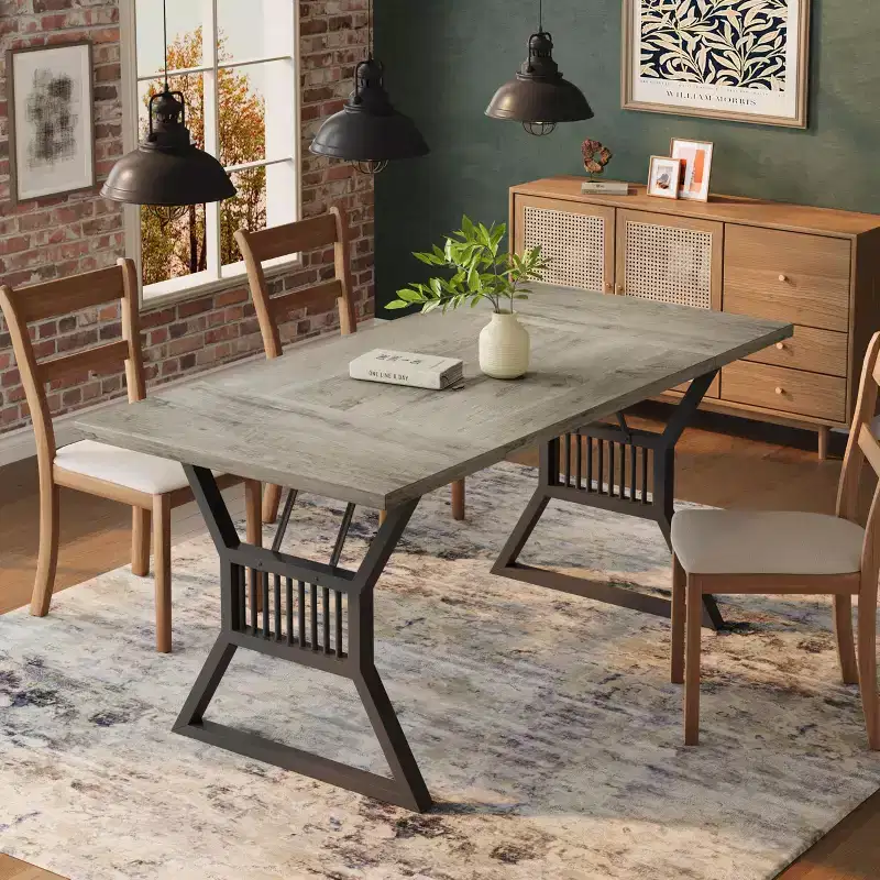 TROPOW 70.8 Inch Dining Table 4-6 Person, Kitchen Table with Heavy Duty Metal Legs, Farmhouse Wooden Dining Room Table, Living Room.Gray+ Black
