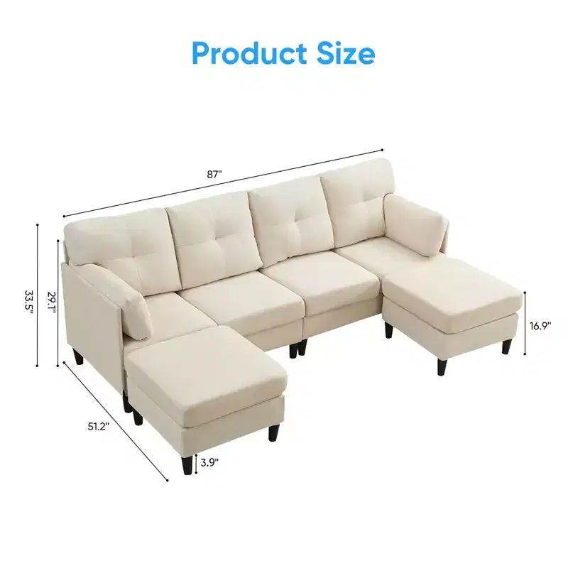 Mjkone Modular Convertible Sectional Sofa Couch, Upholstered Comfy Fabric 4-Seater Sofa with Movable Ottomans