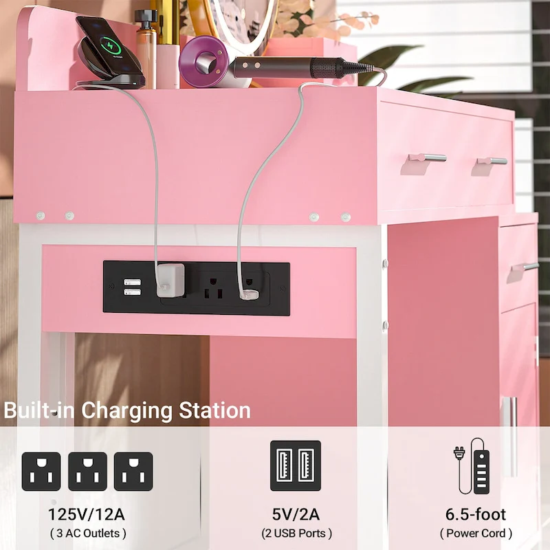 Reversible Makeup Vanity Desk With Charging Station and 4 Wooden Drawers and 1 Cabinet - N/A