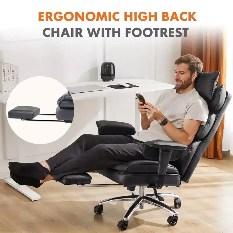 MAYEERTY Chair Exec Home Office Ergonomic High Back with Footrest Lumbar Reclining Height Adjustable PU Leather Swivel Chair with Wheels White
