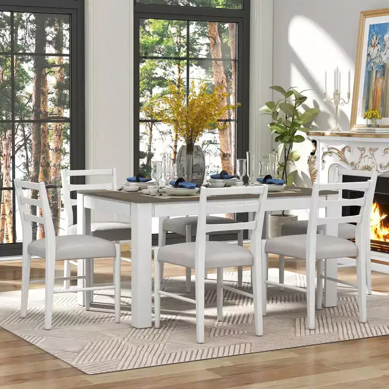 GDFStudio Louisa 7 Piece Extendable Wooden Dining Table Set with Upholstered Chairs