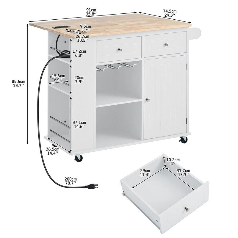 Drop Leaf Rubber Wood Kitchen Island with Power Outlet,Wine Rack
