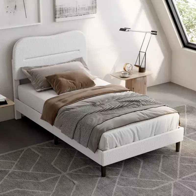 Modern Twin Bed Frame with White Teddy Boucle Upholstered Cloud Headboard Marshmallow Style Wood Slats Noise Free No Box Spring Needed Dorm