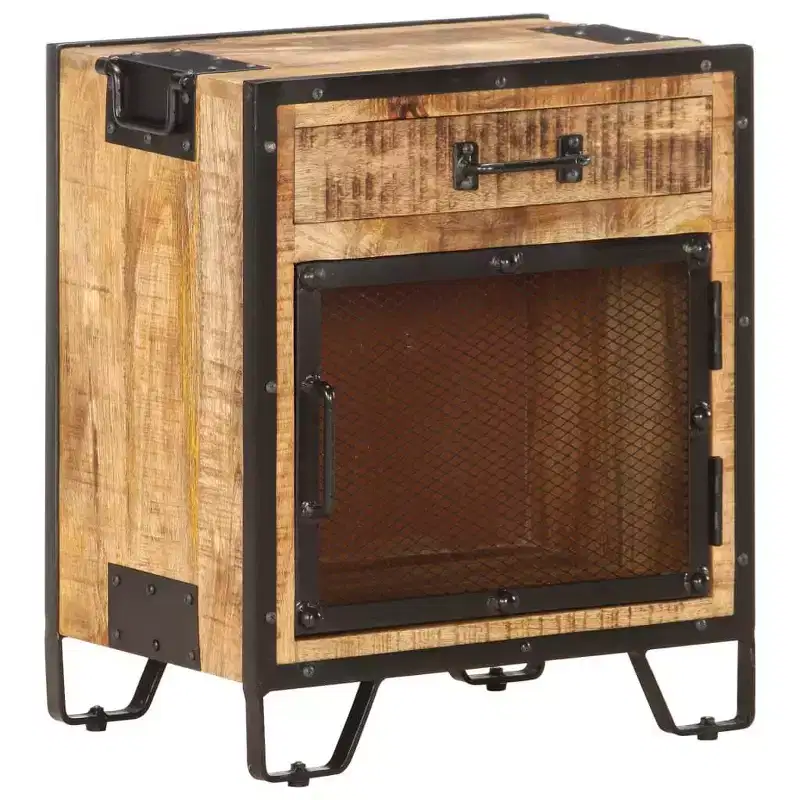 Bedside Cabinet 16.9x11.8x20.1 Solid Rough Mango Wood - Durable, Industrial Style, Bedroom Nightstand, Brown & Black, Ample Storage
