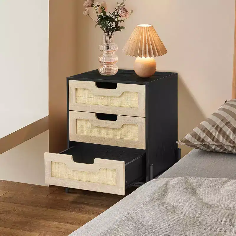 3-Drawer Rattan Nightstand with Black Frame, Bedside Table with Rattan Drawer Fronts for Bedroom