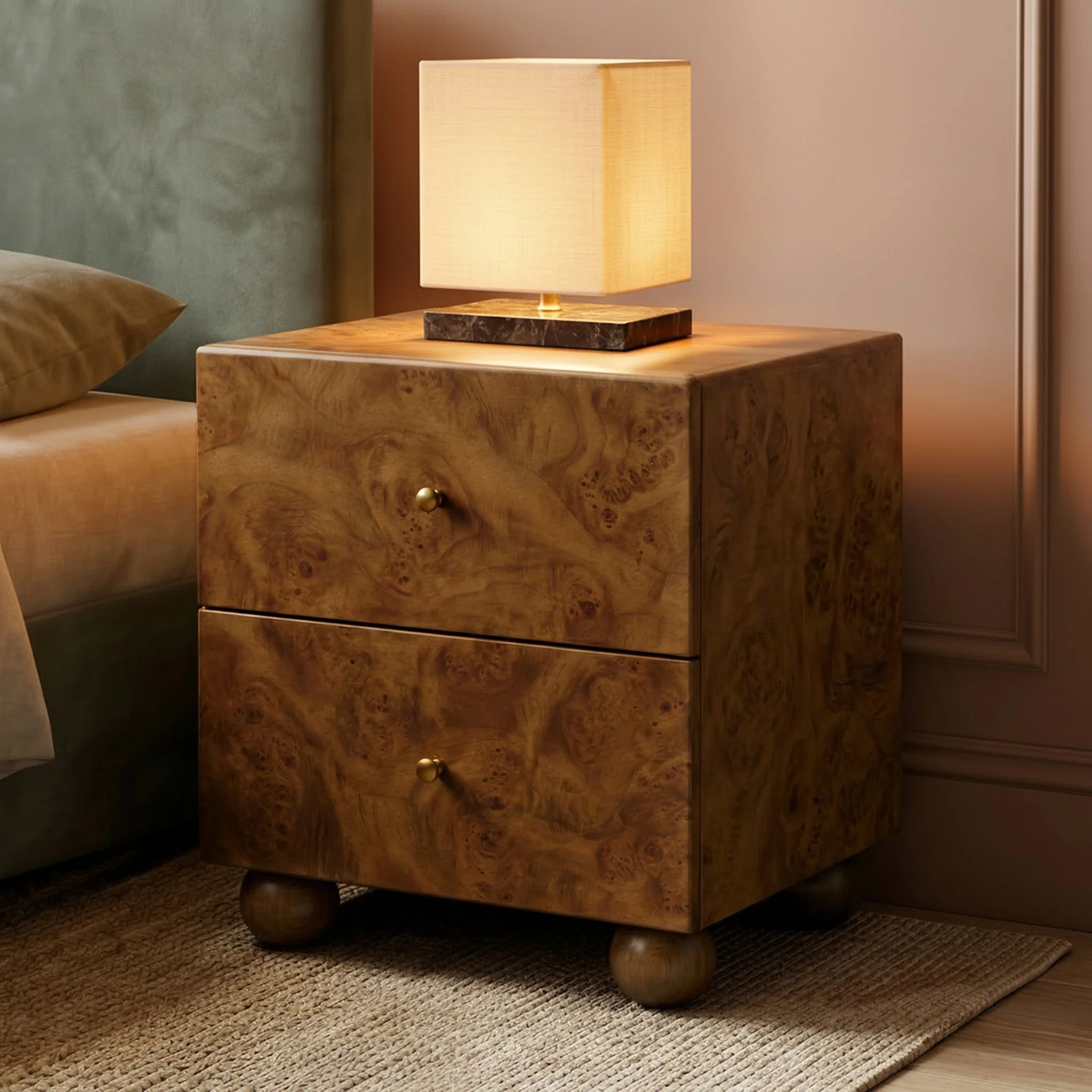Modern Burl Walnut Walnut Wood Nightstand with Storage for Bedroom