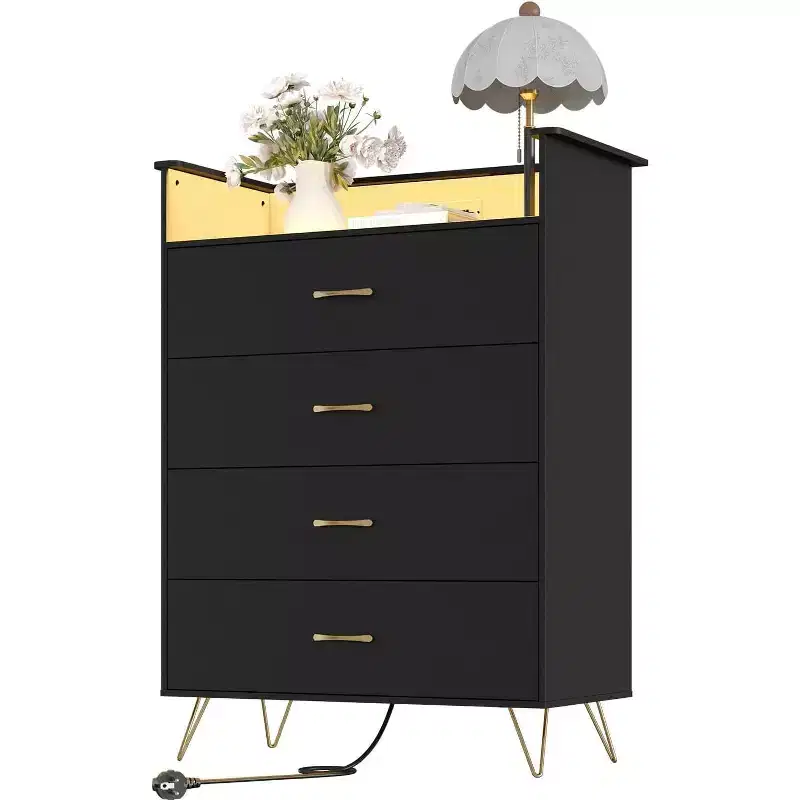 COZONY 4-Drawer Smart Dresser with RGB LED & Wireless Charging, App-Controlled Storage Chest for Bedroom & Living Room