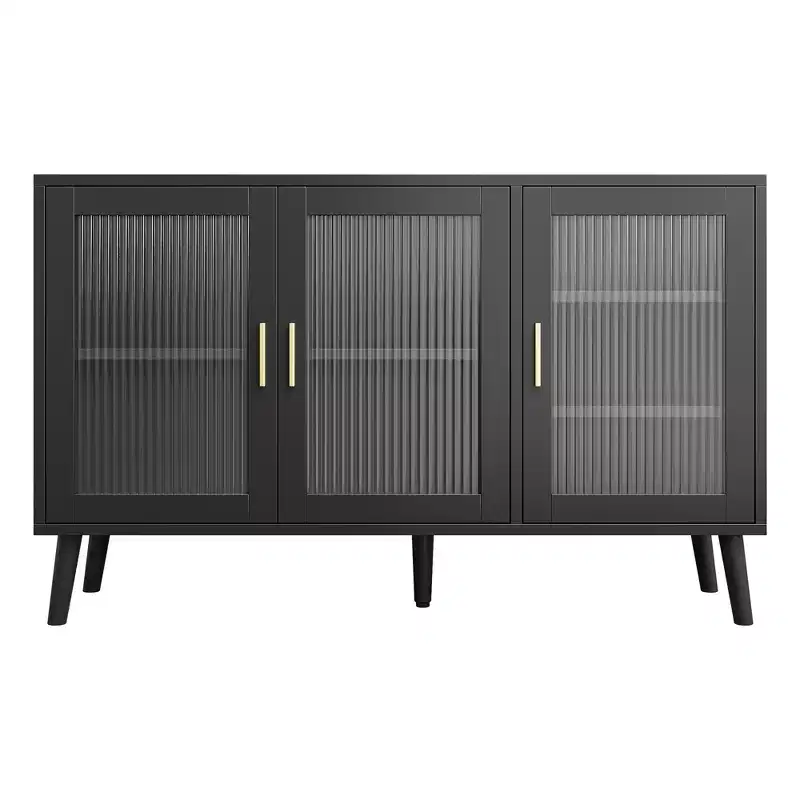 Black Cabinet for Kitchen, Dinning Room, , Living RoomSideboard Cabinet with 3 Fluted Glass Doors,