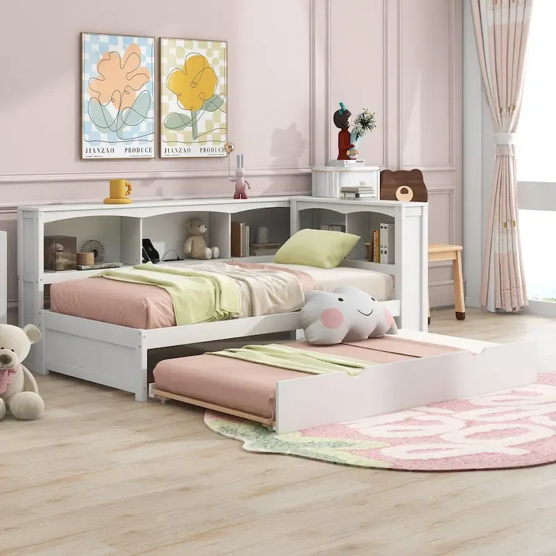 Twin Wooden Daybed with Trundle, Cabinets, and Charging Stations