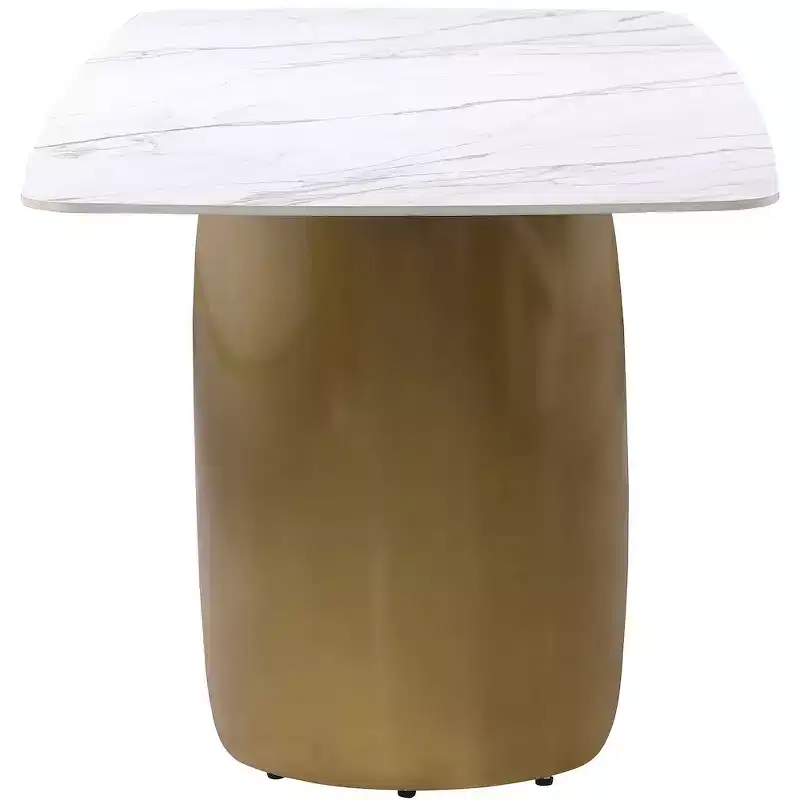 Metal & Sintered Stone Rectangular Dining Table with Gold Curved Base 71''W x 30''H White