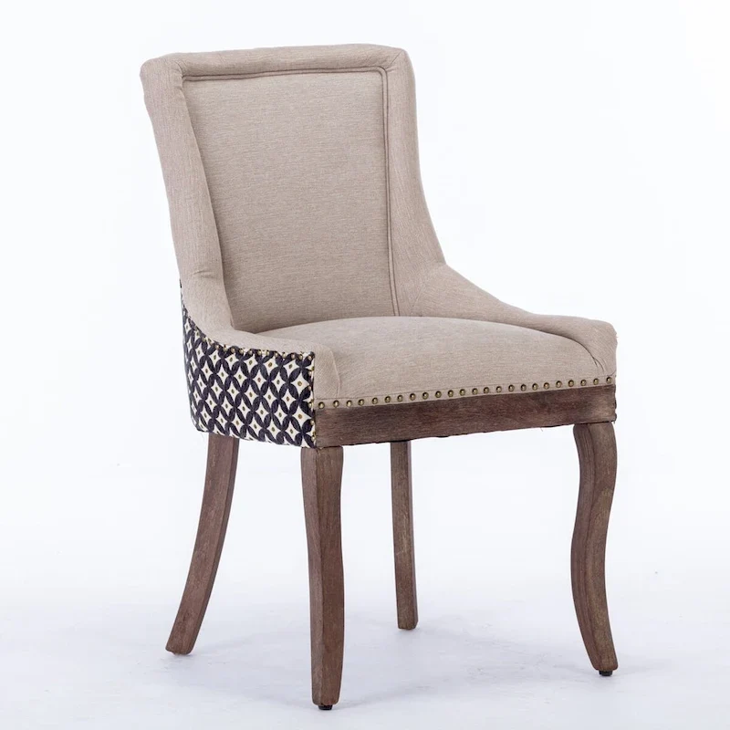 Ultra Side Dining Chair, Thickened fabric chairs with neutrally toned solid wood legs, Bronze nail head, Set of 2