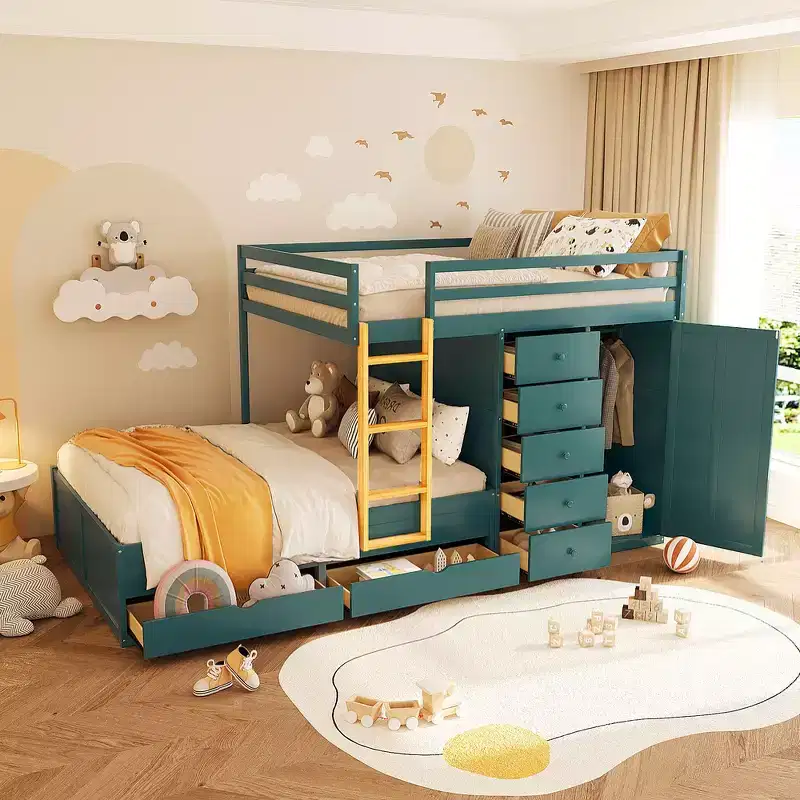 Whisen Full Bunk Bed Frame with 2 Large Drawers & 5 Small Drawers & Small Wardrobe