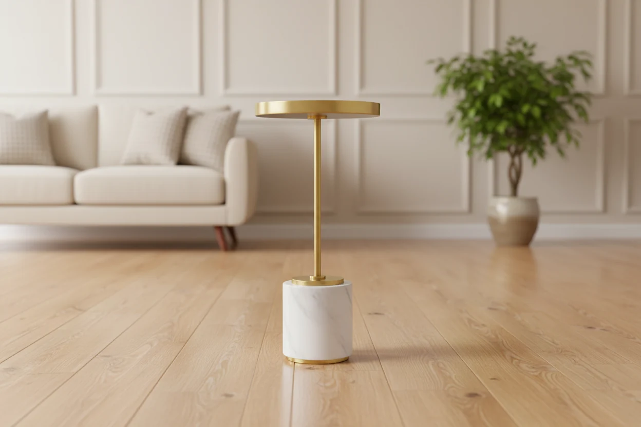 12 Inch Round Drink Table White Brushed Brass Mirror Top