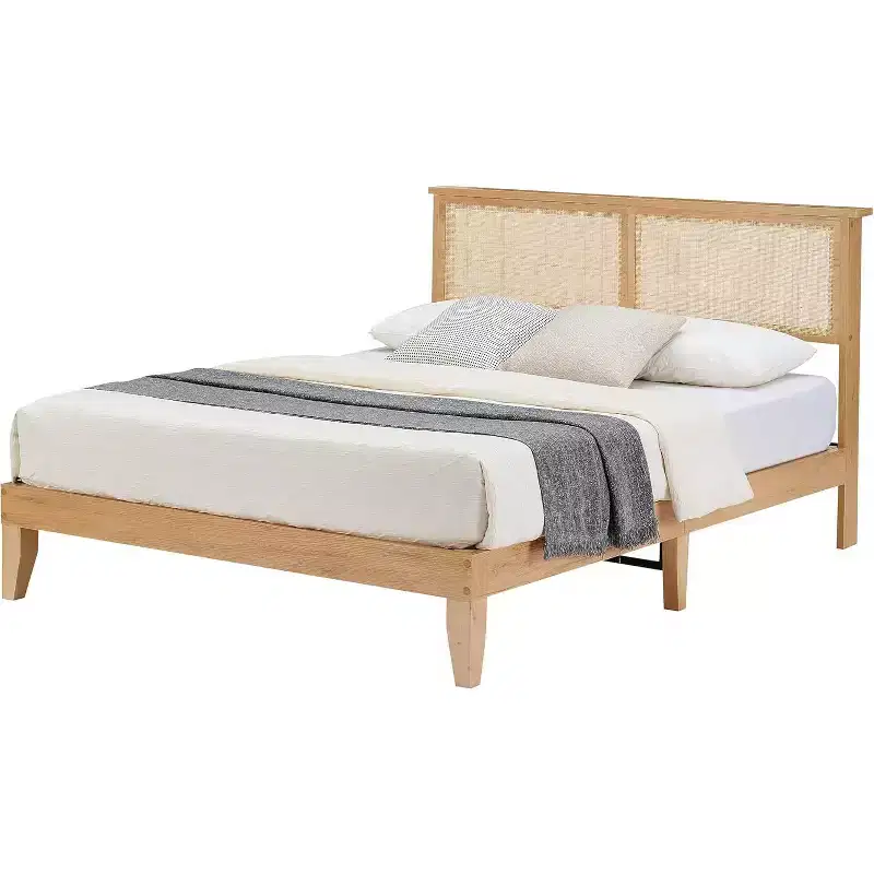 Acekool Twin Rattan Bed Frame, Boho Platform Bed with Natural Rattan Headboard & Underbed Storage, No Box Spring Needed