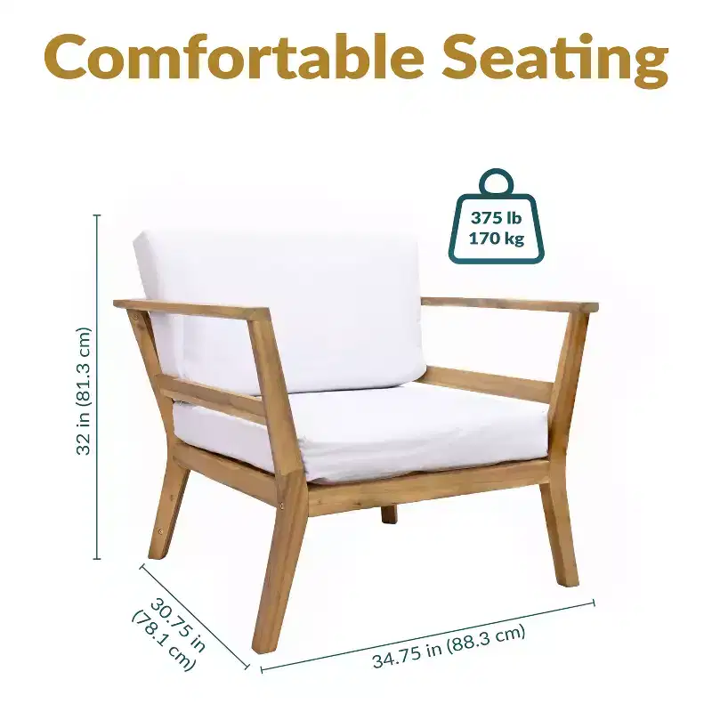 Sunnydaze Bodie Acacia Wood Patio Armchair with Bone White Cushions - Natural