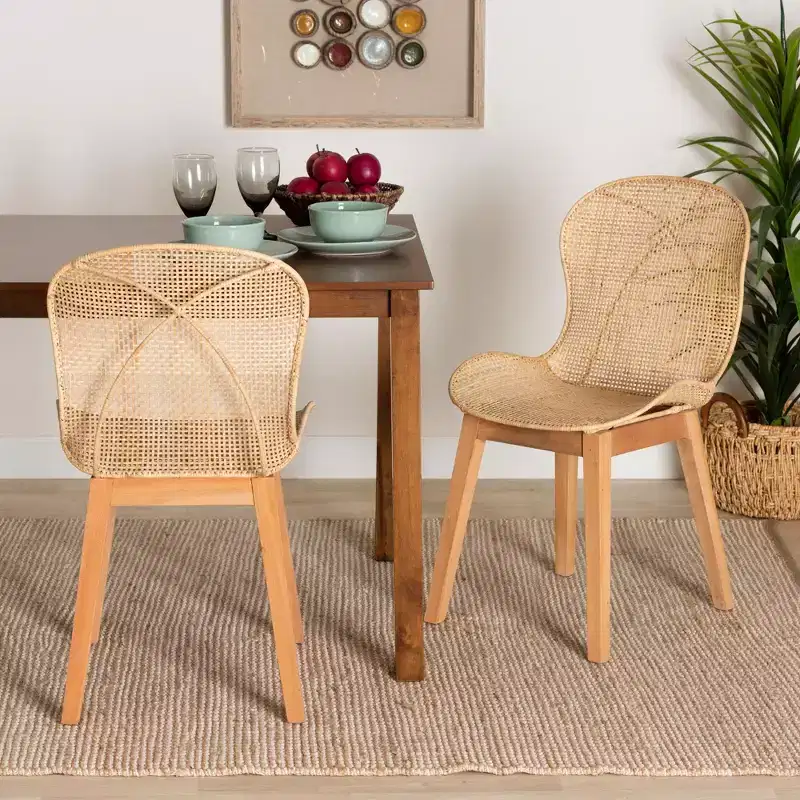 bali & pari Sabelle Japandi Natural Brown Mahogany and Rattan 2-Piece Dining Chair Set