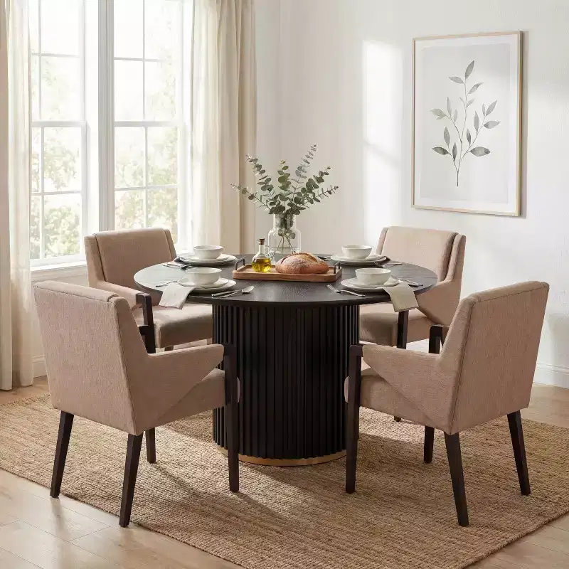 Christopher Knight Home Arvind Modern 5 Piece Rubberwood Linen Upholstered Dining Set with Round Table