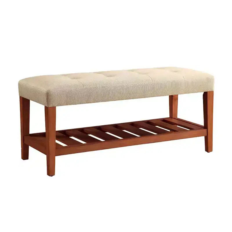 Modern 2-Tier Tufted Button Ottoman Bench Shoe Bench with Open Storage Shelf, Upholstered Storage Bench for Entryway, Living Room
