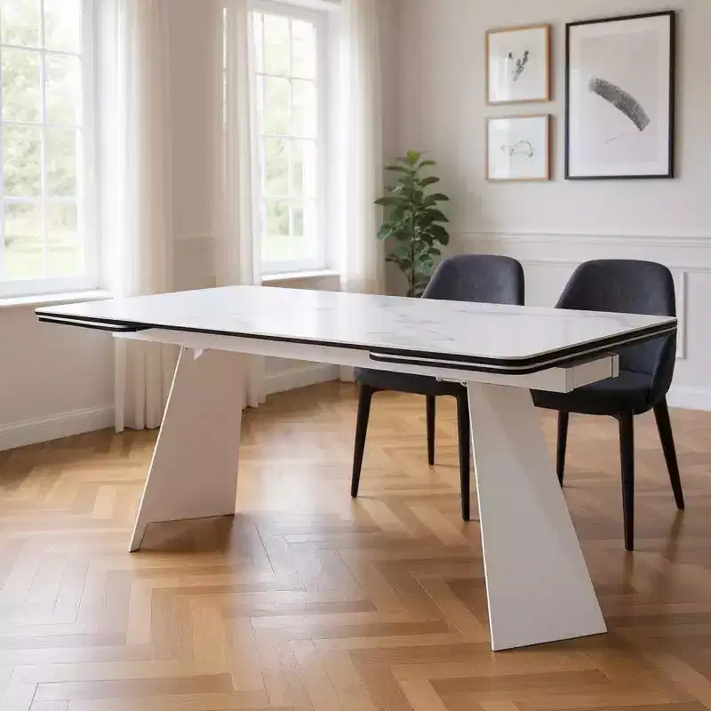 HomeRoots 63 White Ceramic and Metal Self-Storing Leaf Pedestal Base Extendable Dining Table