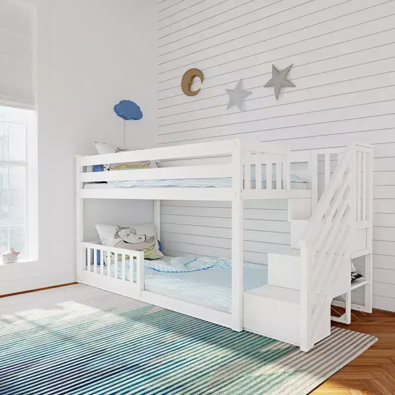 Max & Lily Low Twin over Twin Bunk with Stairs and Guard Rail