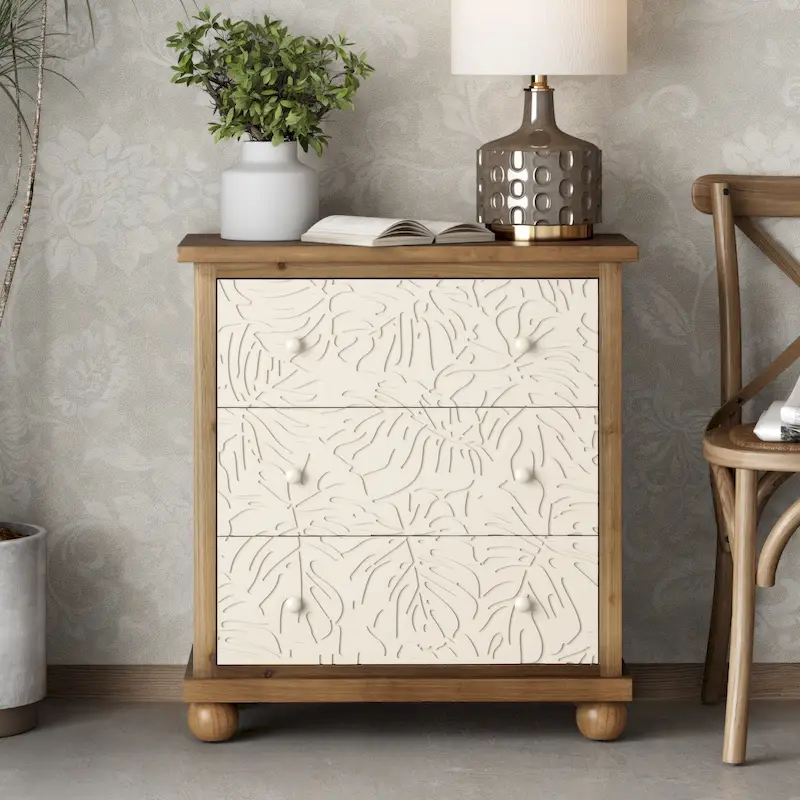 COZAYH Rustic Farmhouse 3-Drawer Nightstand with Leaves Pattern Carved, Vintage French Country Dresser Chest Accent Cabinet