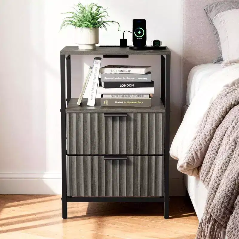 Karl Home 15 Inches Wide Nightstand - 2 Drawers, 1 Shelf, US Power Outlet