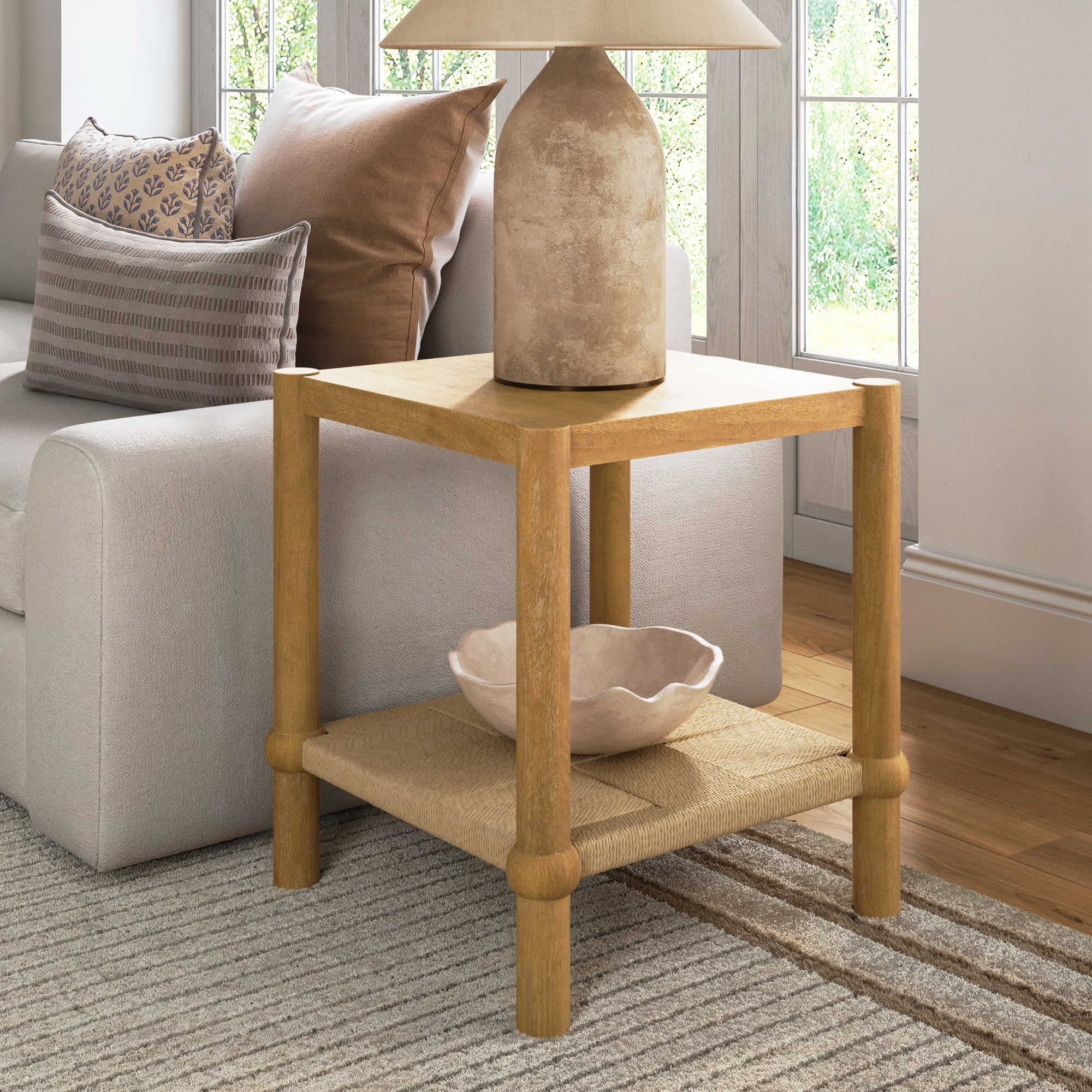 Wood 2-Tier Coastal Side Table with Seagrass Shelf Light Brown