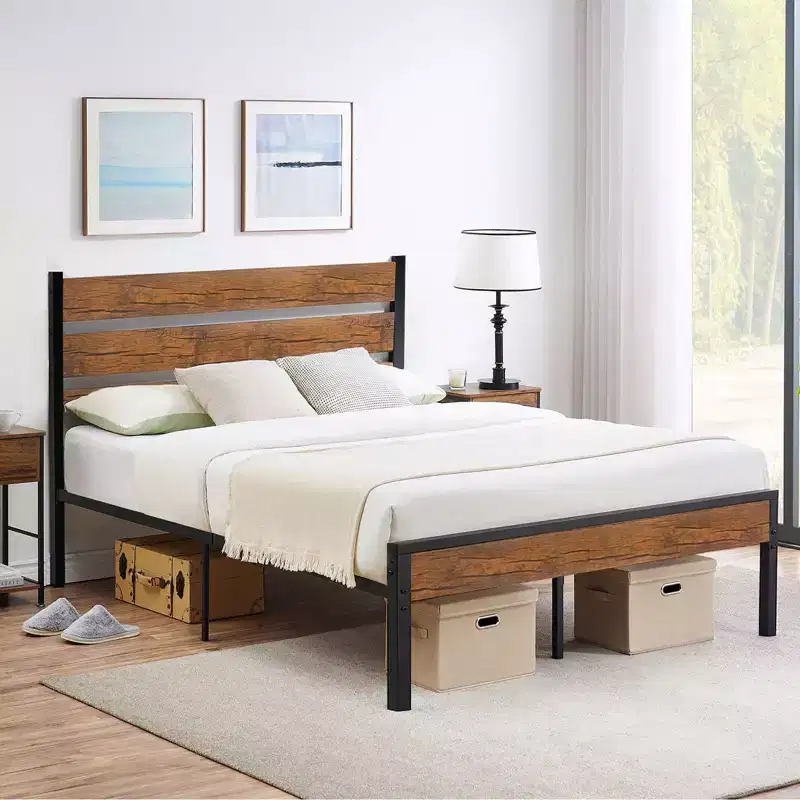 Platform Bed Frame with Wood Headboard, Heavy Duty 800LB Support, 12 Under Bed Storage, Noise-Free & No Box Spring Needed, Rustic Vintage