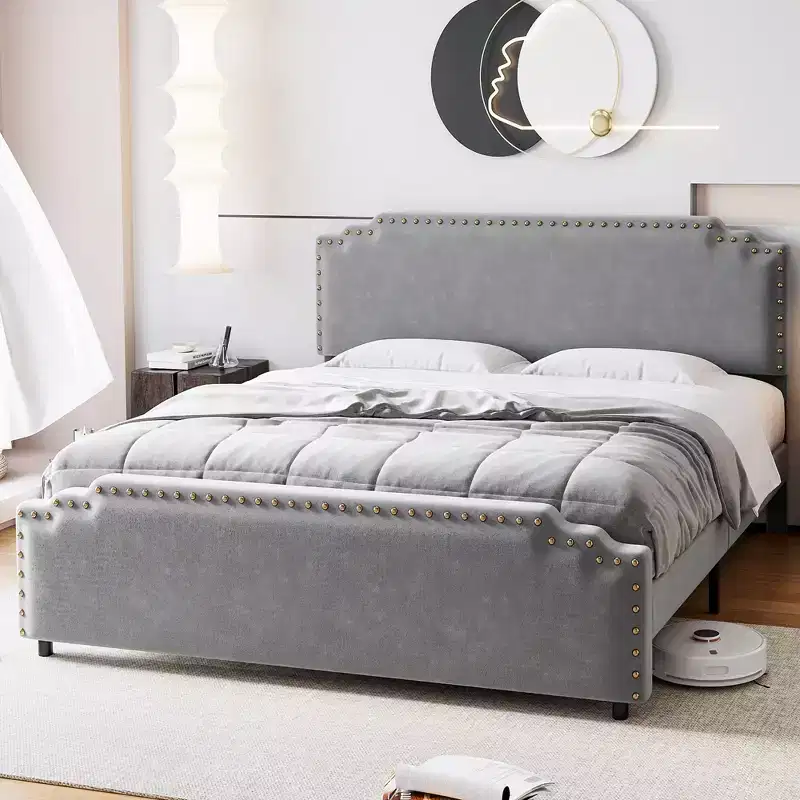 Bed Frame, Velvet Upholstered Platform Bed Frame with Rivet Decor Headboard, Strong Wood Slat Support, No Box Spring Needed, Grey
