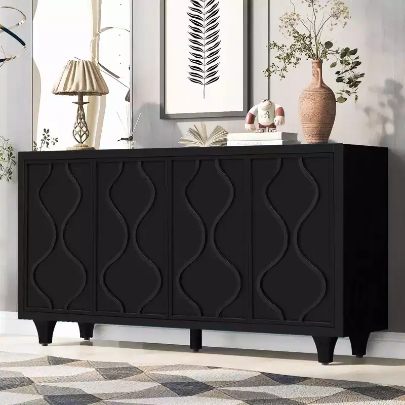 Okak Wooden Sideboard Buffet, Storage Cabinet with Embossed Curved Doors, Console Table for Kitchen Living Room Study