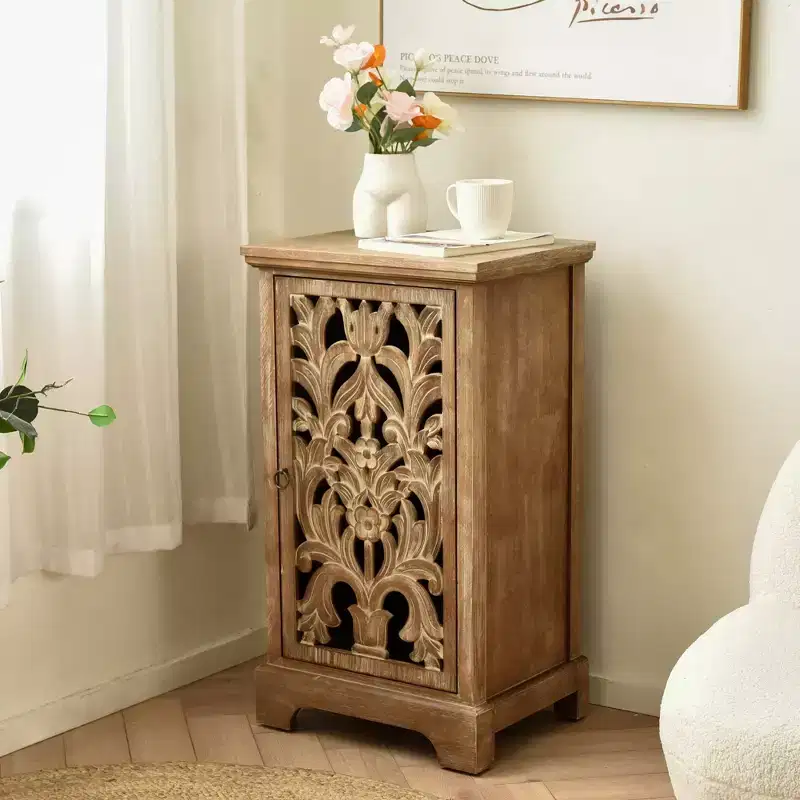 eHemco Vintage Hollow Carved Door End Table, 18 x 14 x 30.5 Inches, Storage Cabinet with Decorative Panel, Indoor Living Room Side Table, Natural