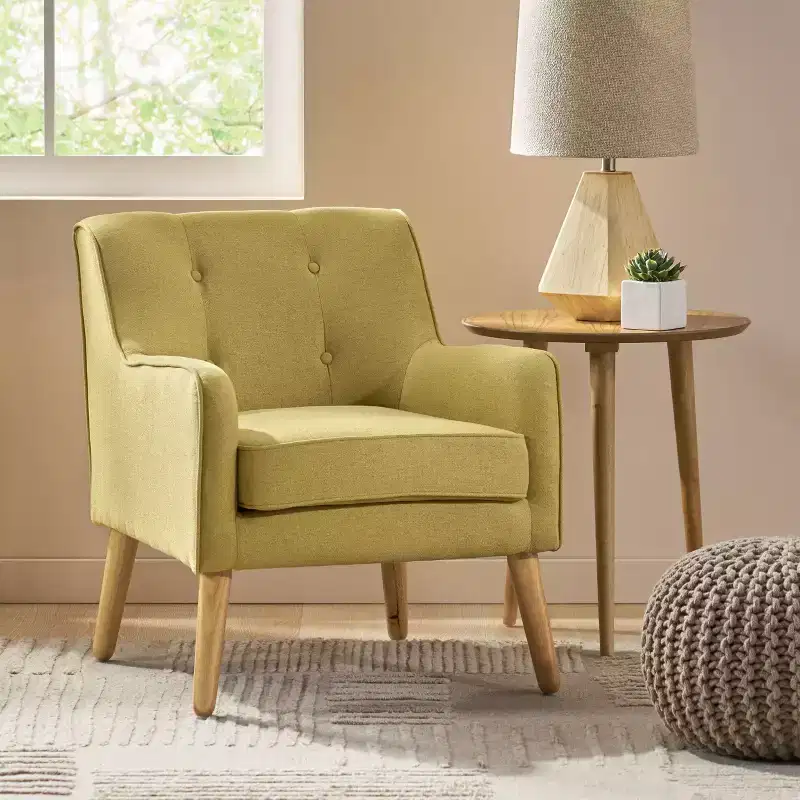 Okak Fabric Accent Chair Button-Tufted Club Chair with Comfy Upholstered Elegant Armchair with Birch Wood Legs for Living Room Bedroom