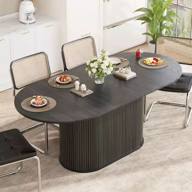 GDFStudio Aditi Modern 55.11 - 70.86 Extendable Dining Table with Striped Pedestal Base