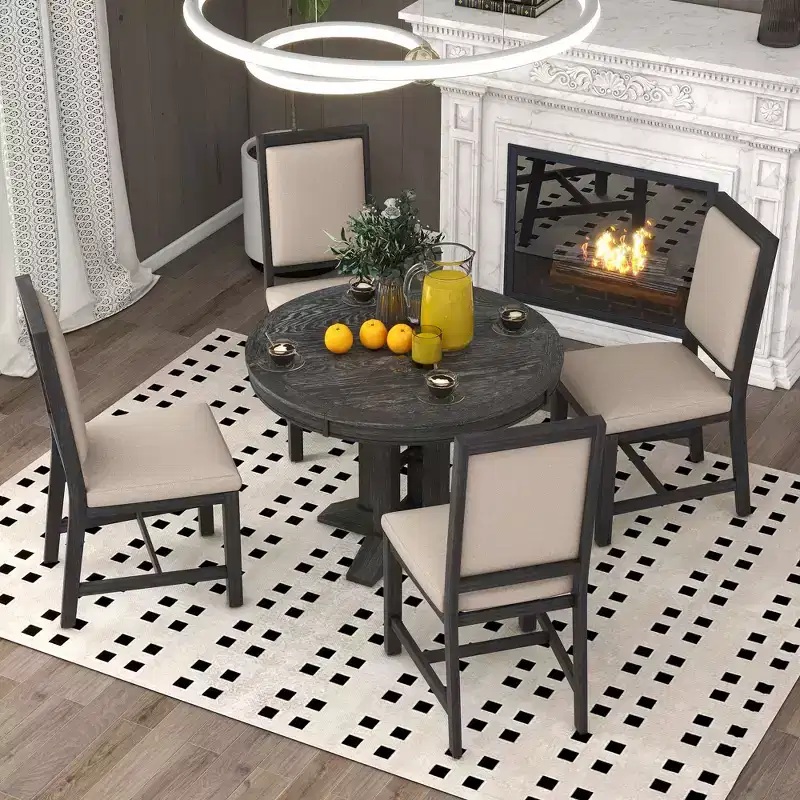 Whisen 5-Piece Farmhouse Dining Set Extendable Round Dining Table Set with 4 Upholstered Chairs