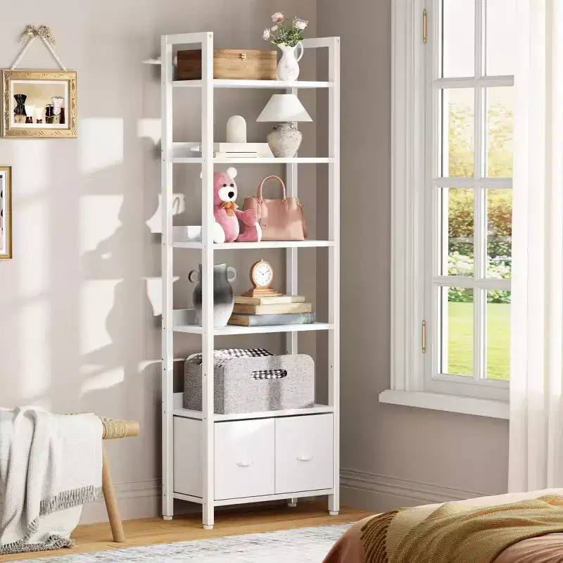 Modern 71 Inch Tall 6 Tier Bookshelf with Two Drawers Wooden Metal Freestanding Bookcase Display Storage Organizer for Home Office Living Room White