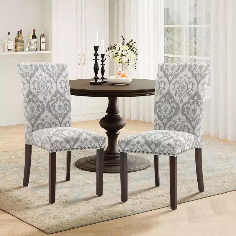 Solid Wood High-Back Dining Chairs - Upholstered Vintage Damask Kitchen Side Chairs for Dining Room
