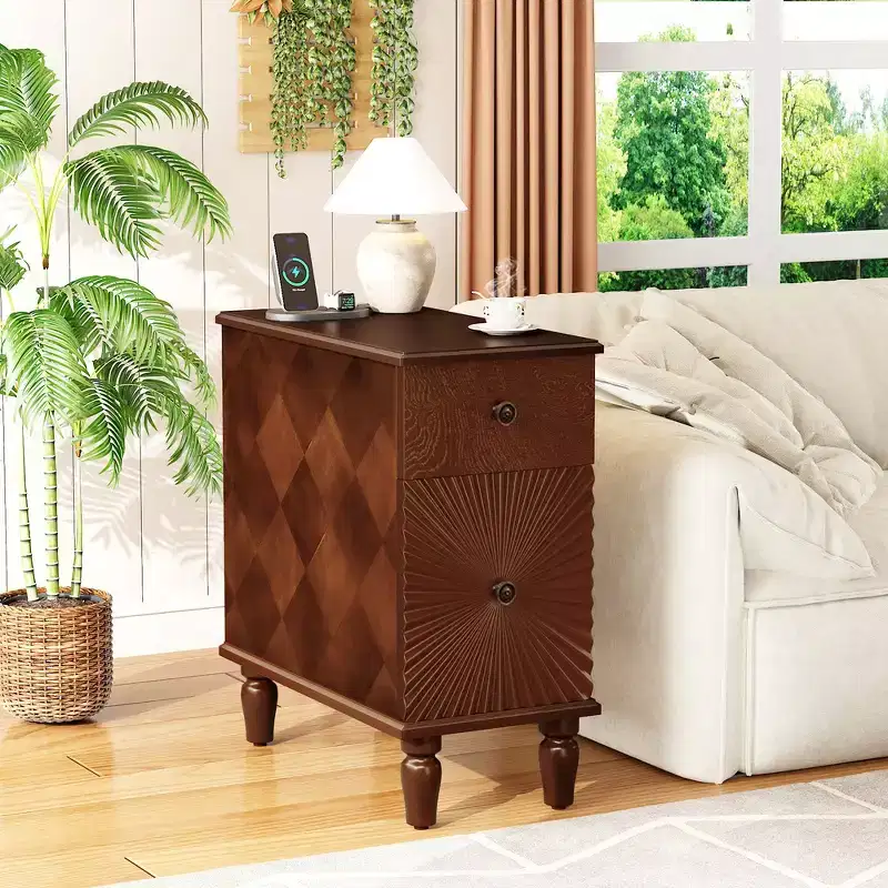 Modern and Narrow Sofa Side Table & Nightstand with 2 Drawers for Living Room, Bedroom - Walnut