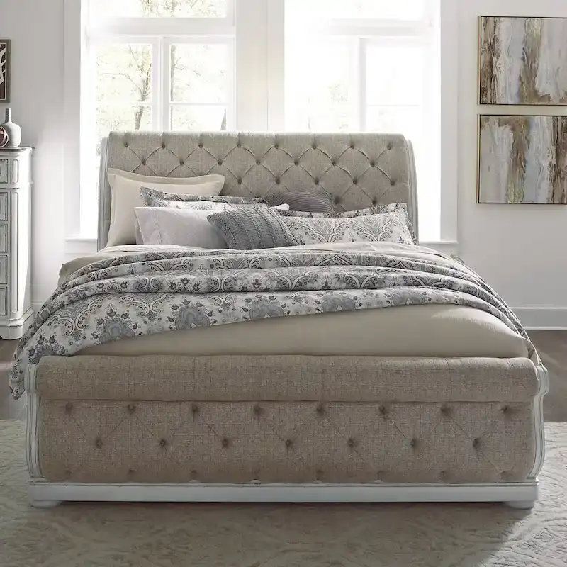 Antique White King Upholstered Sleigh Bed